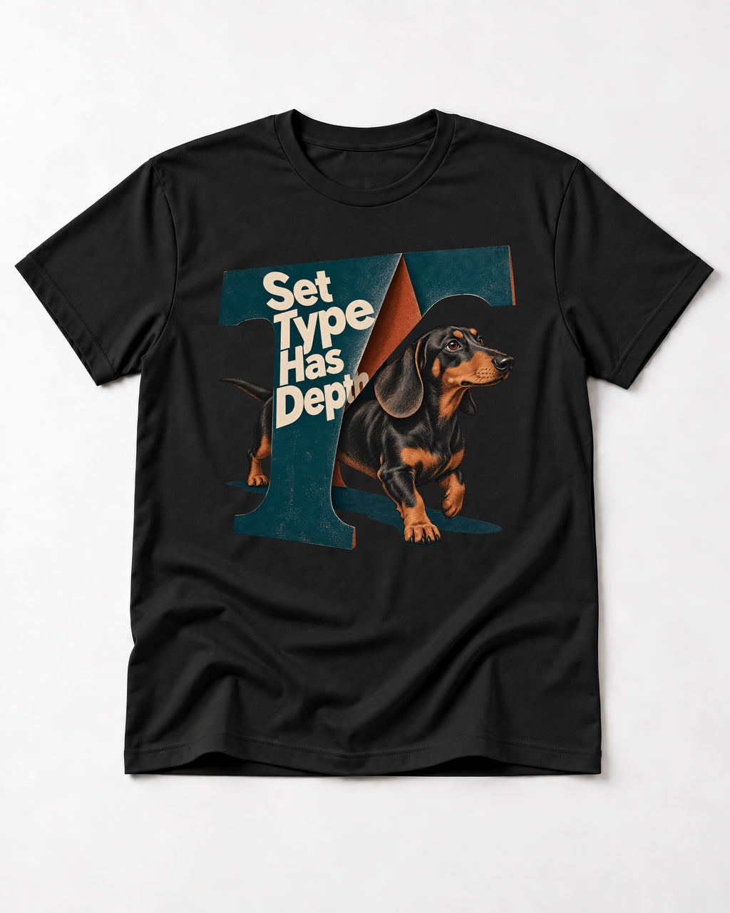 Dachshund Set Type Has Depth Folded Letter Graphic T-Shirt in Black, flat lay product photo
