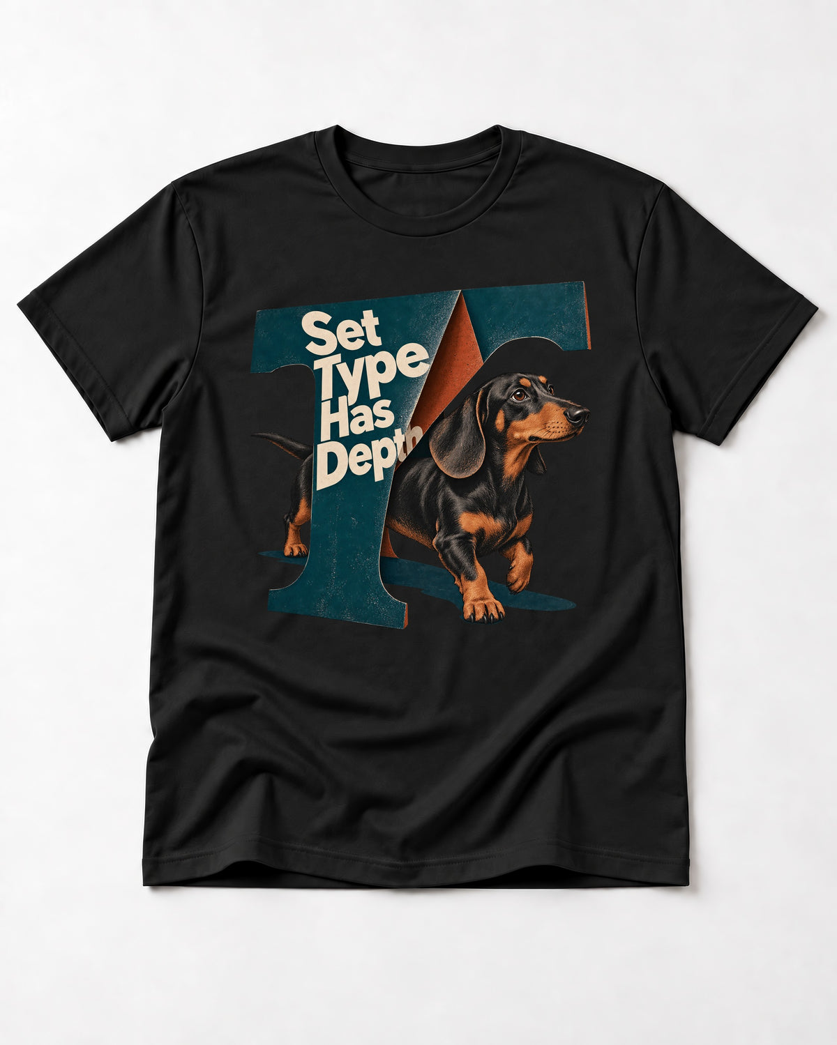 Dachshund Set Type Has Depth Folded Letter Graphic T-Shirt in Black, flat lay product photo