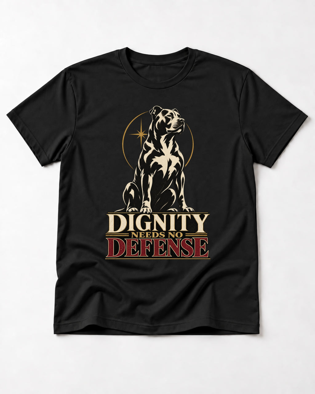 Pitbull Dignity Needs No Defense Seated Emblem Graphic T-Shirt in Black, flat lay product photo