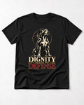 Pitbull Dignity Needs No Defense Seated Emblem Graphic T-Shirt in Black, flat lay product photo