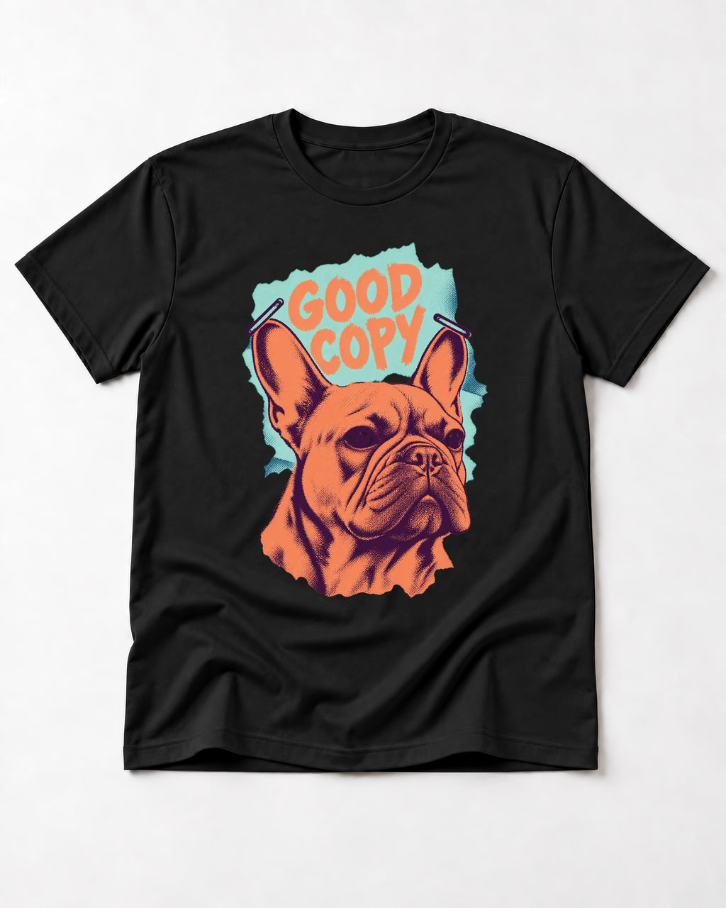 Frenchie Good Copy Stapled Zine Graphic T-Shirt in Black, flat lay product photo
