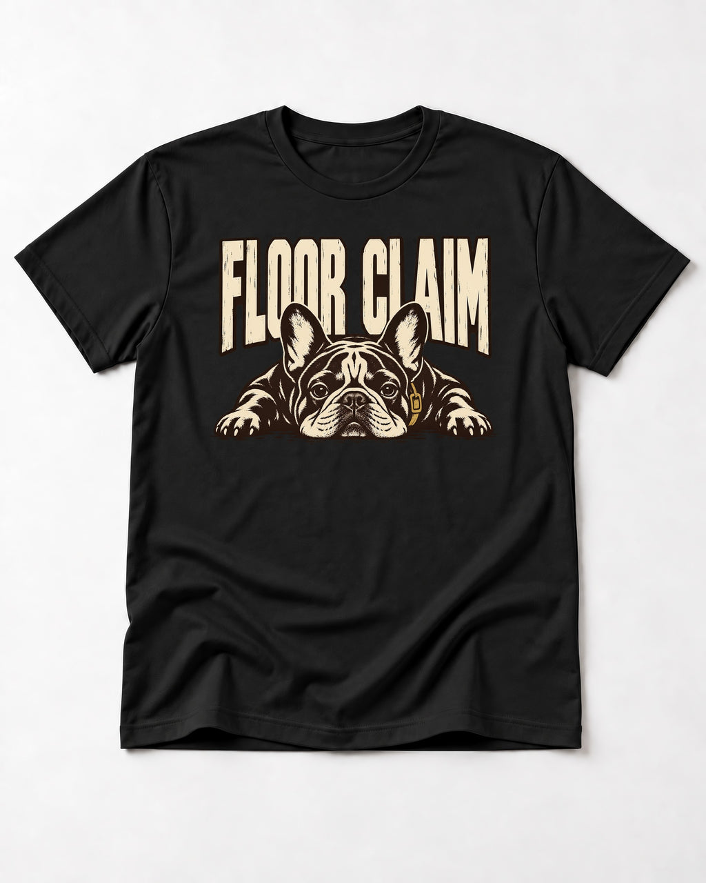 Frenchie Floor Claim Resting Graphic T-Shirt in Black, flat lay product photo