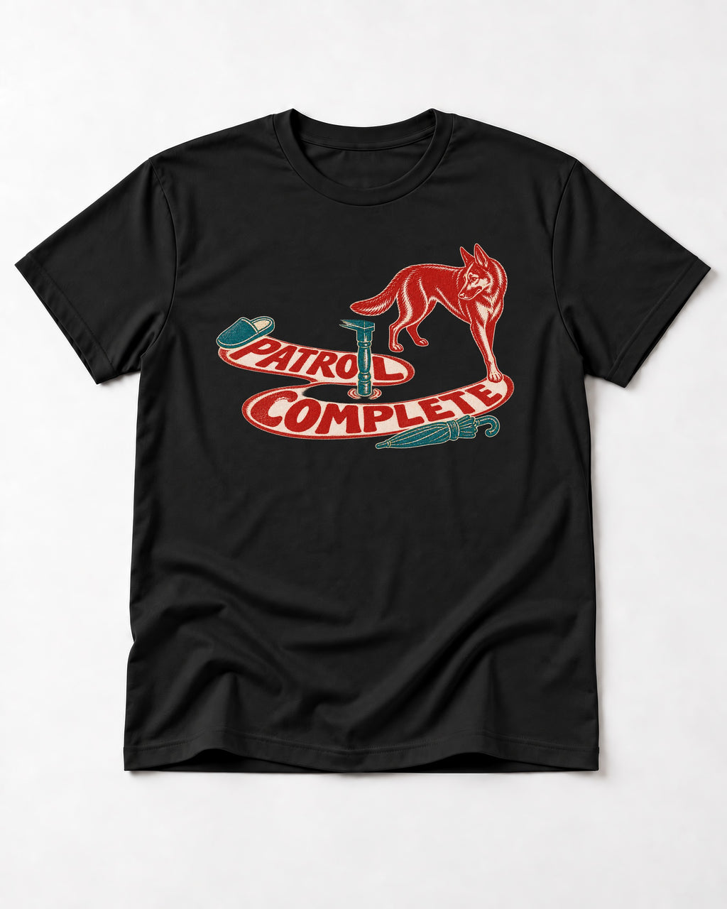 German Shepherd Dog Patrol Complete Umbrella Graphic T-Shirt in Black, flat lay product photo