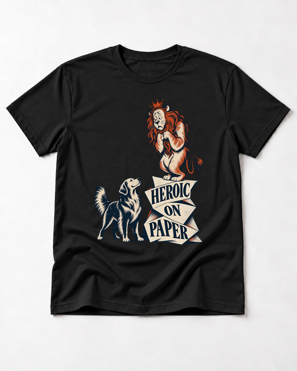 Golden Retriever Heroic on Paper Lion Graphic T-Shirt in Black, flat lay product photo