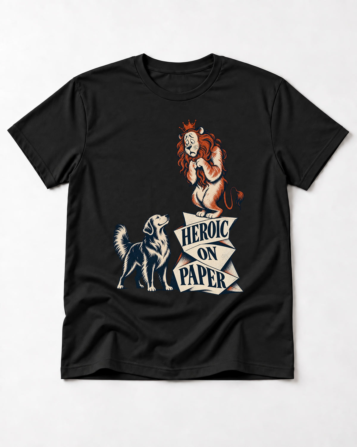 Golden Retriever Heroic on Paper Lion Graphic T-Shirt in Black, flat lay product photo