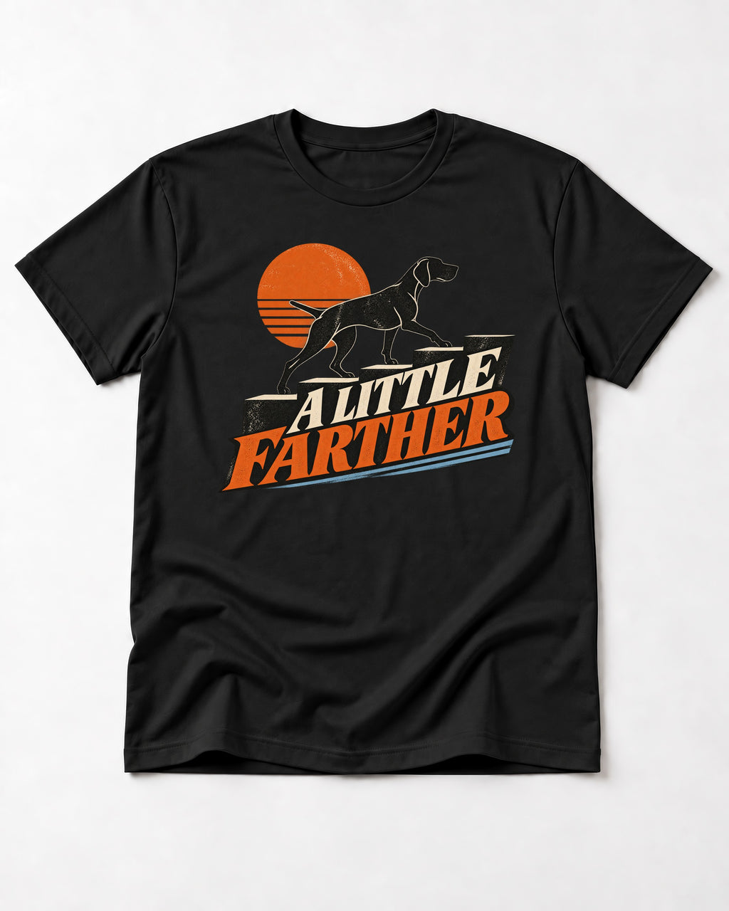 German Shorthaired Pointer A Little Farther Sunset Steps Graphic T-Shirt in Black, flat lay product photo