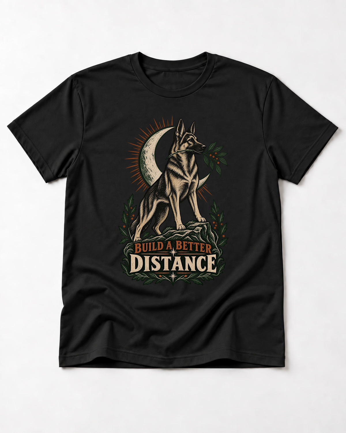 Build A Better Distance Moon Woodcut German Shepherd Dog Graphic T-Shirt in Black, flat lay product photo