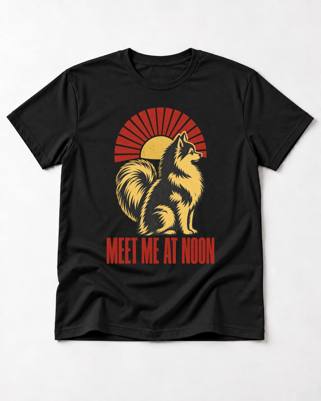Pomeranian Meet Me at Noon Sunburst Graphic T-Shirt in Black, flat lay product photo