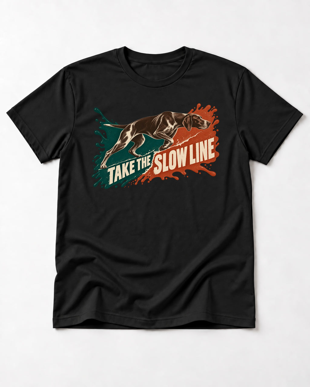 German Shorthaired Pointer Take The Slow Line Paint Splash Graphic T-Shirt in Black, flat lay product photo