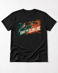 German Shorthaired Pointer Take The Slow Line Paint Splash Graphic T-Shirt in Black, flat lay product photo