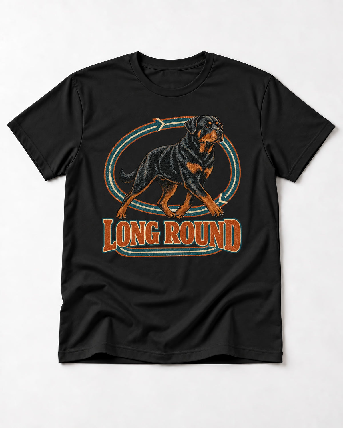 Rottweiler Long Round Circular Track Graphic T-Shirt in Black, flat lay product photo