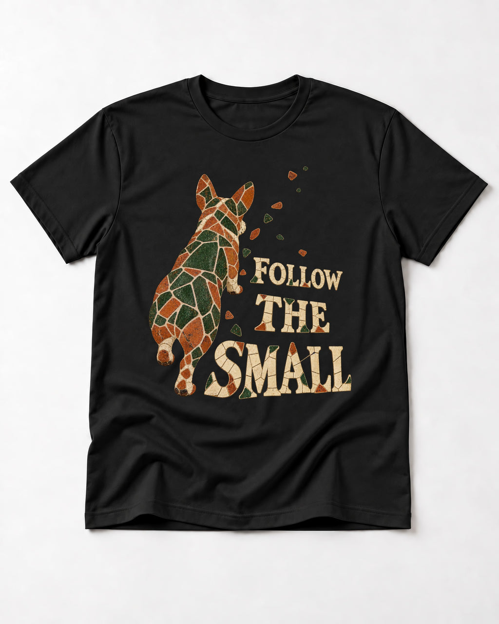 Corgi Follow the Small Mosaic T-Shirt in Black, flat lay product photo