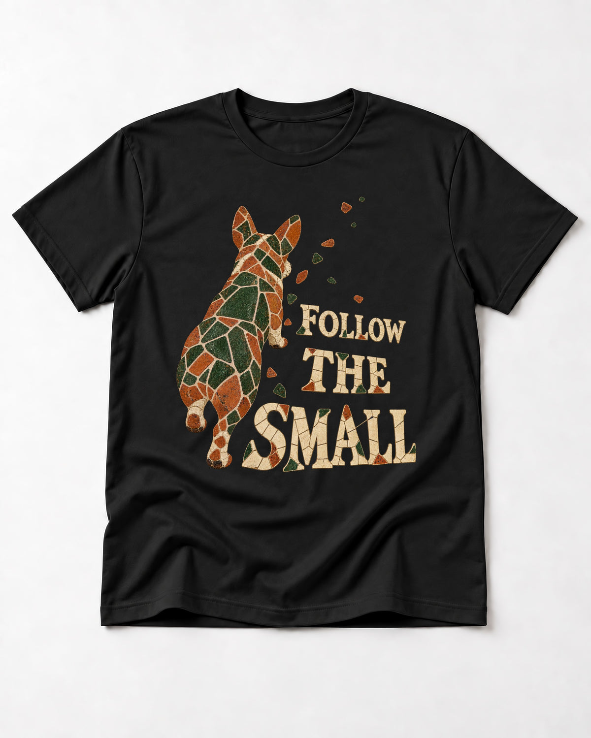 Corgi Follow the Small Mosaic T-Shirt in Black, flat lay product photo