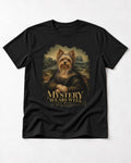 Yorkshire Terrier Mystery Wears Well Mona Lisa Portrait Graphic T-Shirt in Black, flat lay product photo