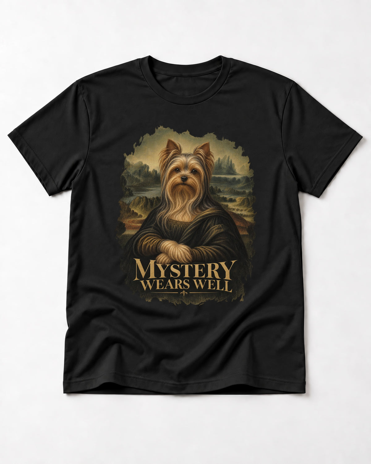 Yorkshire Terrier Mystery Wears Well Mona Lisa Portrait Graphic T-Shirt in Black, flat lay product photo