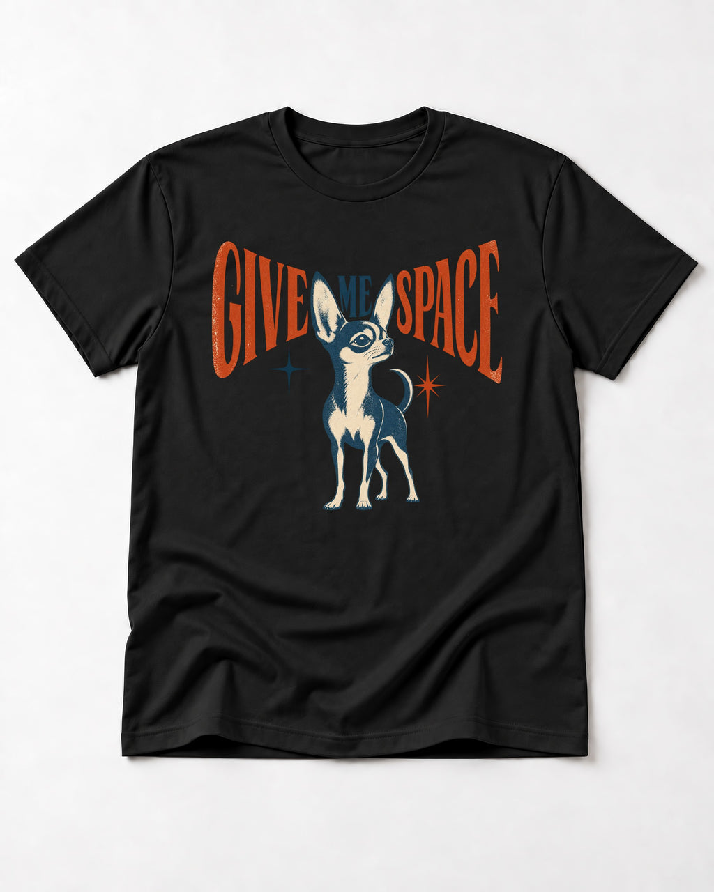 Chihuahua Give Me Space Starburst Graphic T-Shirt in Black, flat lay product photo