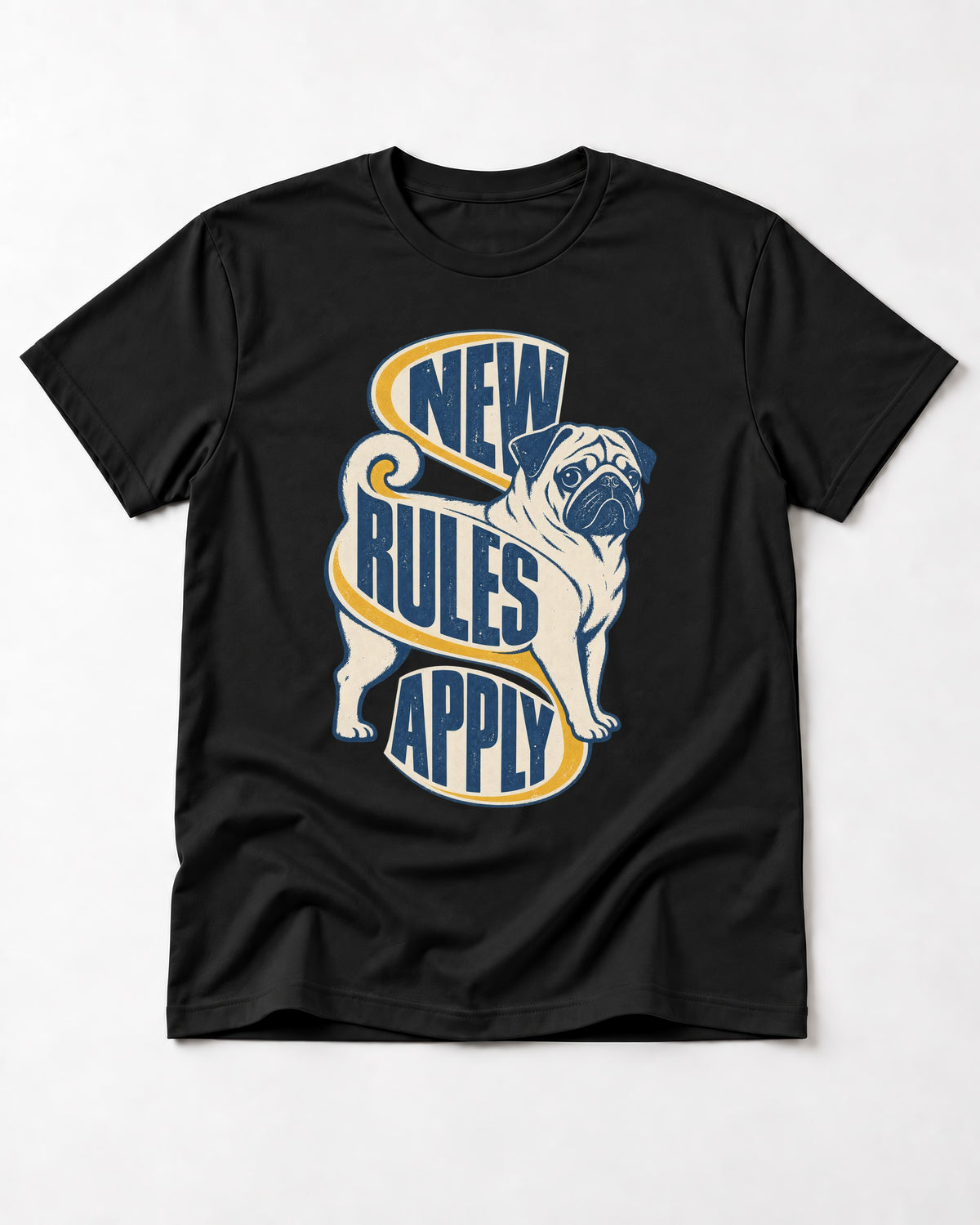 Pug New Rules Apply Ribbon Graphic T-Shirt in Black, flat lay product photo