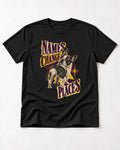 Frenchie Names Change Places Purple Poster Graphic T-Shirt in Black, flat lay product photo