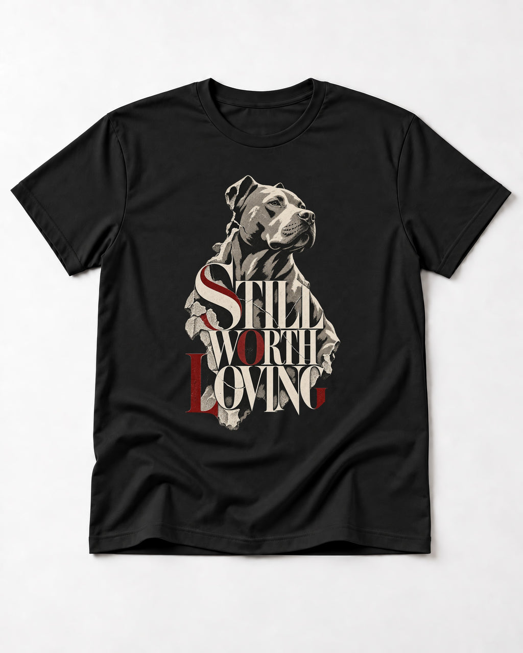 Pitbull Still Worth Loving Torn Poster Portrait Graphic T-Shirt in Black, flat lay product photo