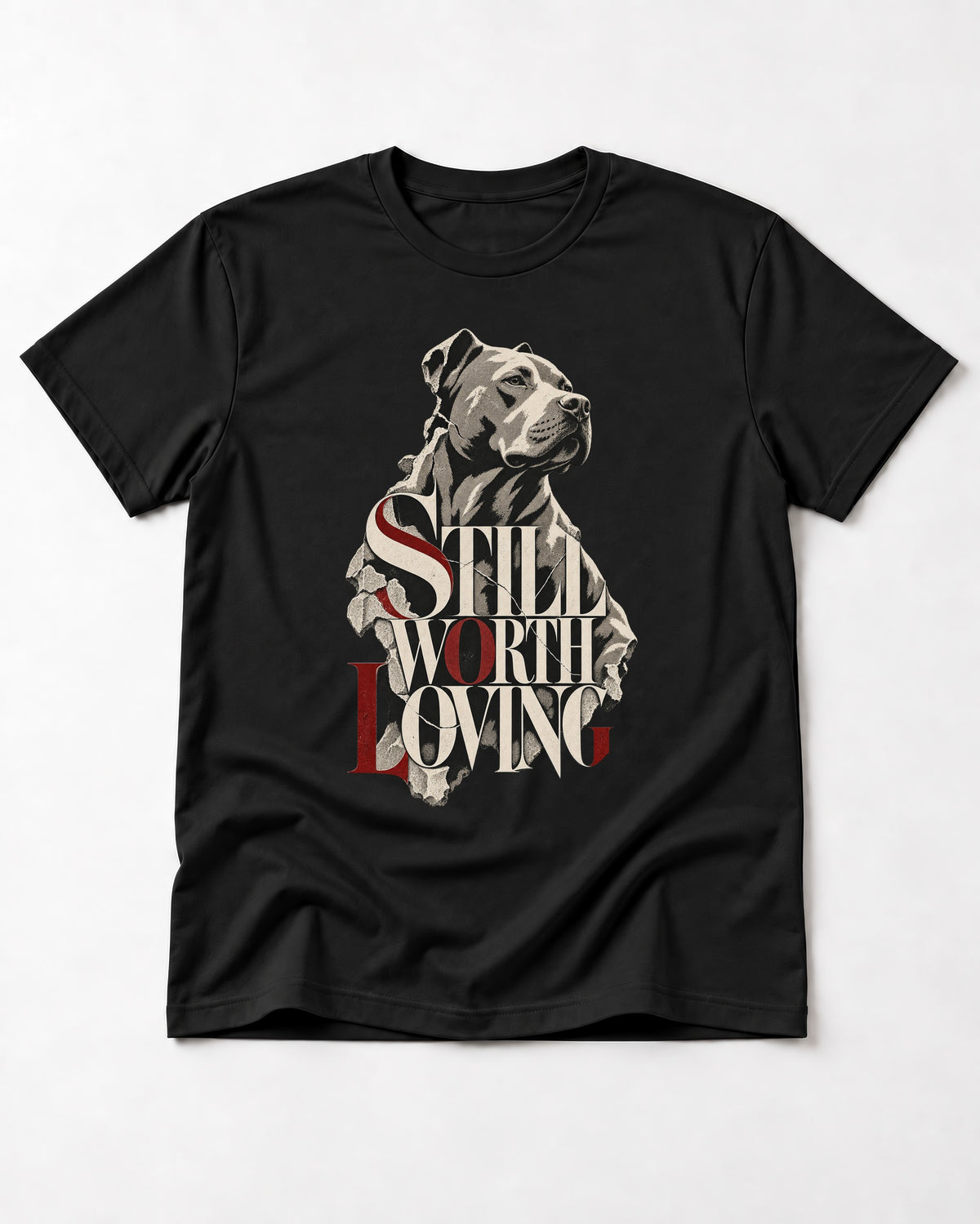 Pitbull Still Worth Loving Torn Poster Portrait Graphic T-Shirt in Black, flat lay product photo