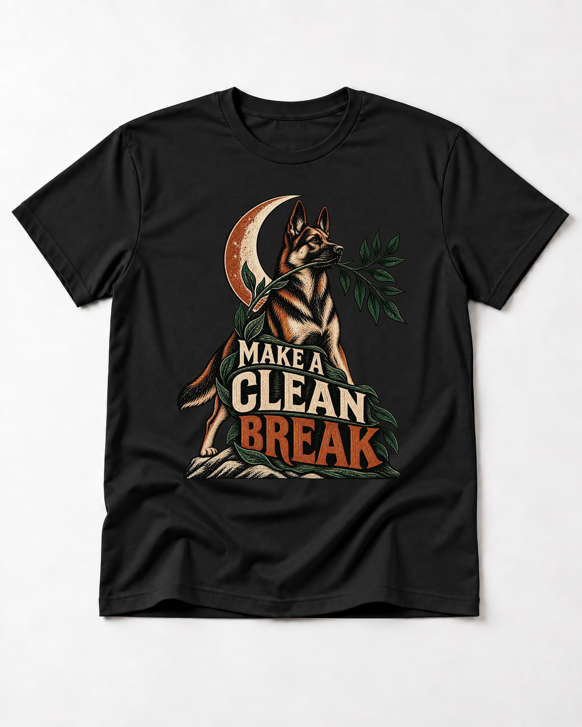 Make A Clean Break Crescent Botanical German Shepherd Dog Graphic T-Shirt in Black, flat lay product photo