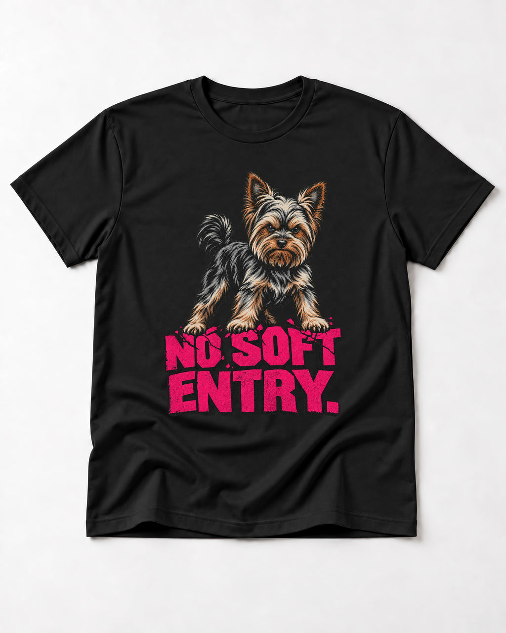Yorkshire Terrier No Soft Entry Stance Graphic T-Shirt in Black, flat lay product photo