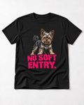 Yorkshire Terrier No Soft Entry Stance Graphic T-Shirt in Black, flat lay product photo