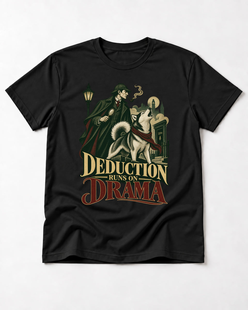 Husky Deduction Runs on Drama Detective Graphic T-Shirt in Black, flat lay product photo