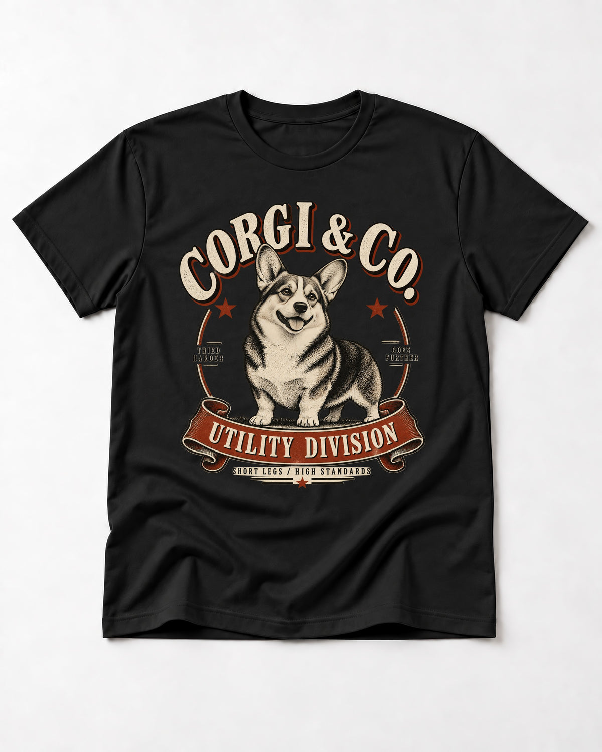 Corgi's High Standards T-Shirt in Black, flat lay product photo