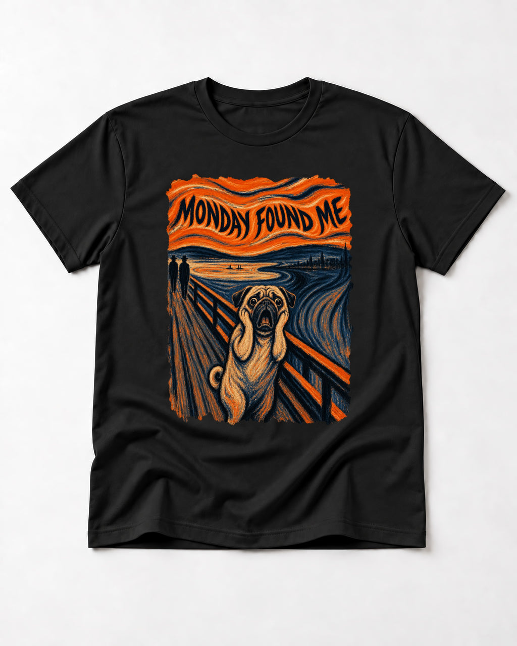 Pug Monday Found Me Scream Parody Graphic T-Shirt in Black, flat lay product photo