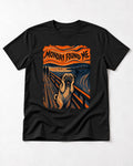 Pug Monday Found Me Scream Parody Graphic T-Shirt in Black, flat lay product photo
