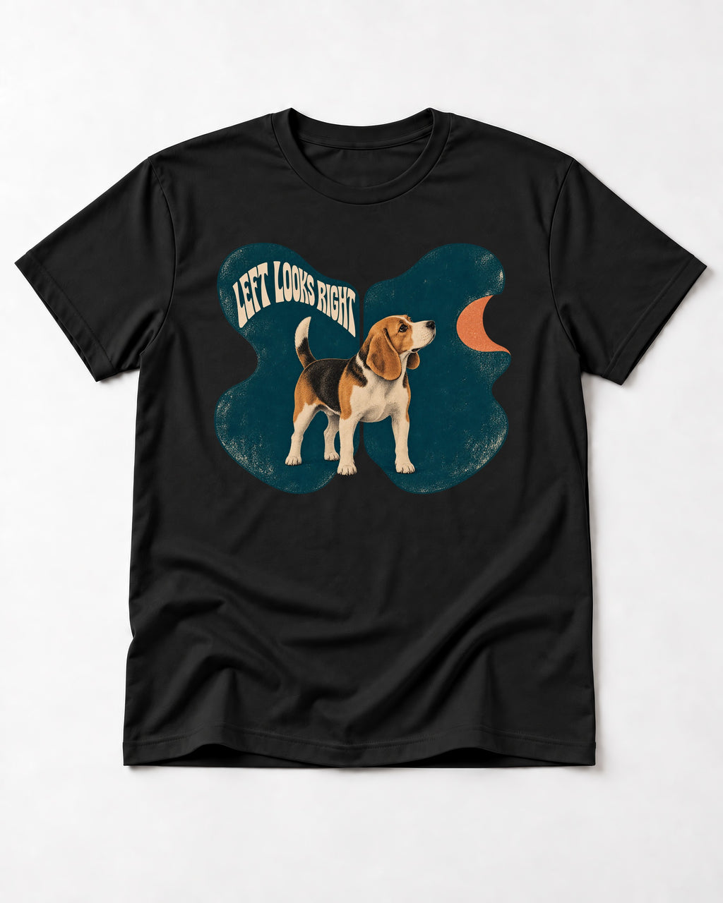 Left Looks Right Beagle Abstract Shapes T-Shirt in Black, flat lay product photo