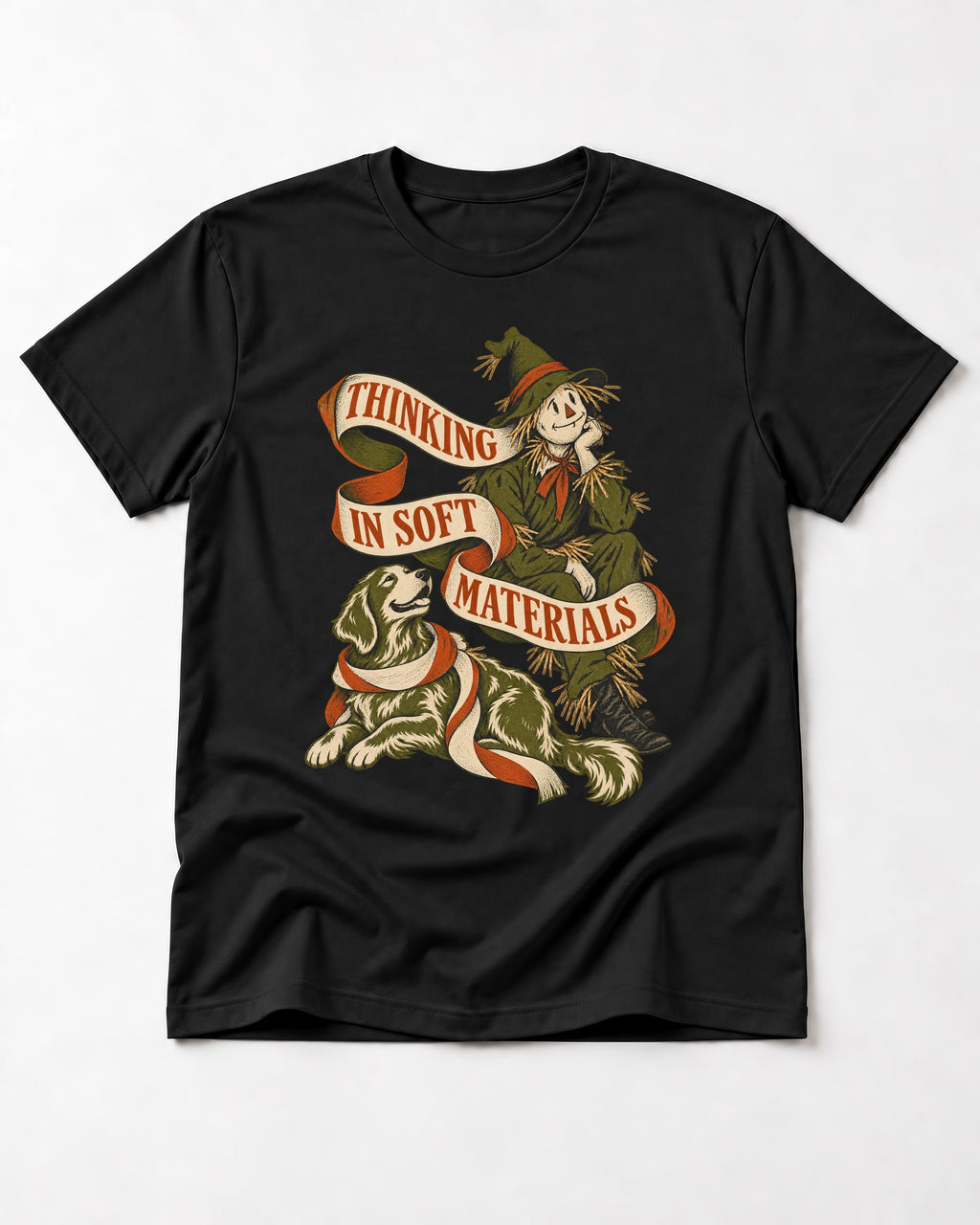 Golden Retriever Thinking in Soft Materials Scarecrow Graphic T-Shirt in Black, flat lay product photo