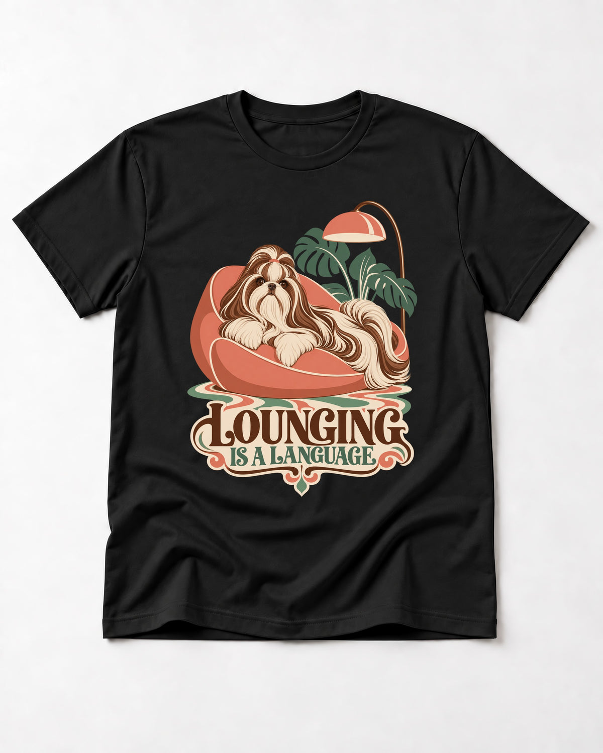 Shih Tzu Lounging Is a Language Retro Lounge Graphic T-Shirt in Black, flat lay product photo