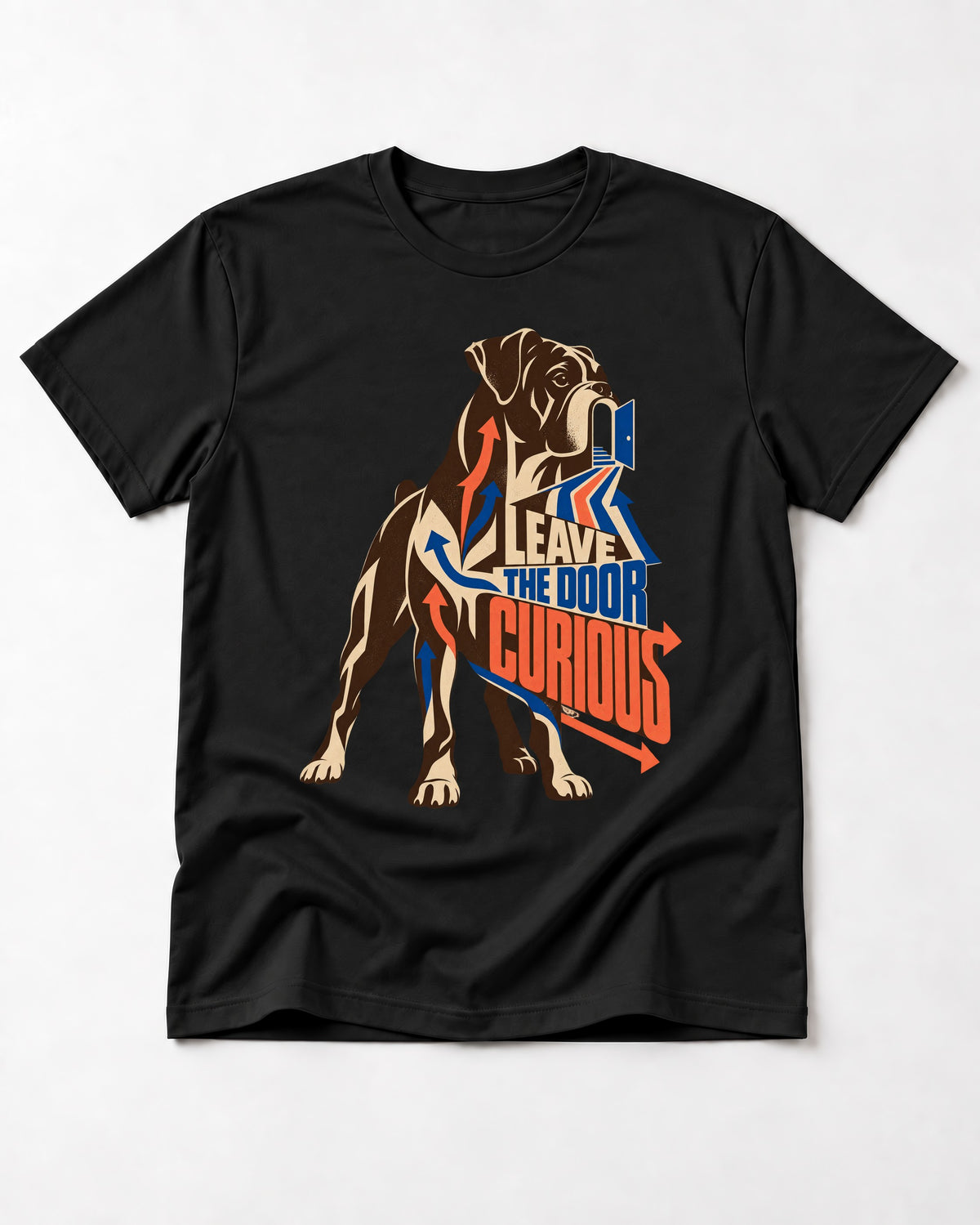 Leave the Door Curious Boxer Doorway Arrow Graphic T-Shirt in Black, flat lay product photo
