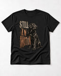 Labrador Retriever Still in Motion Seated Graphic T-Shirt in Black, flat lay product photo