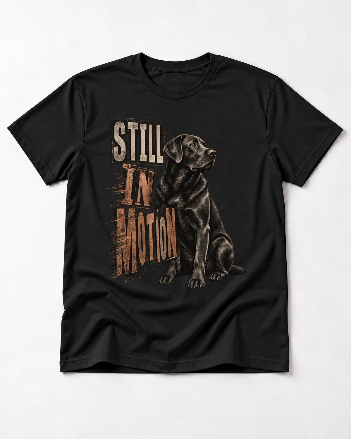 Labrador Retriever Still in Motion Seated Graphic T-Shirt in Black, flat lay product photo
