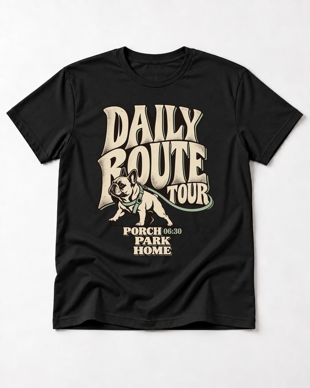 Frenchie Daily Route Tour Graphic T-Shirt in Black, flat lay product photo