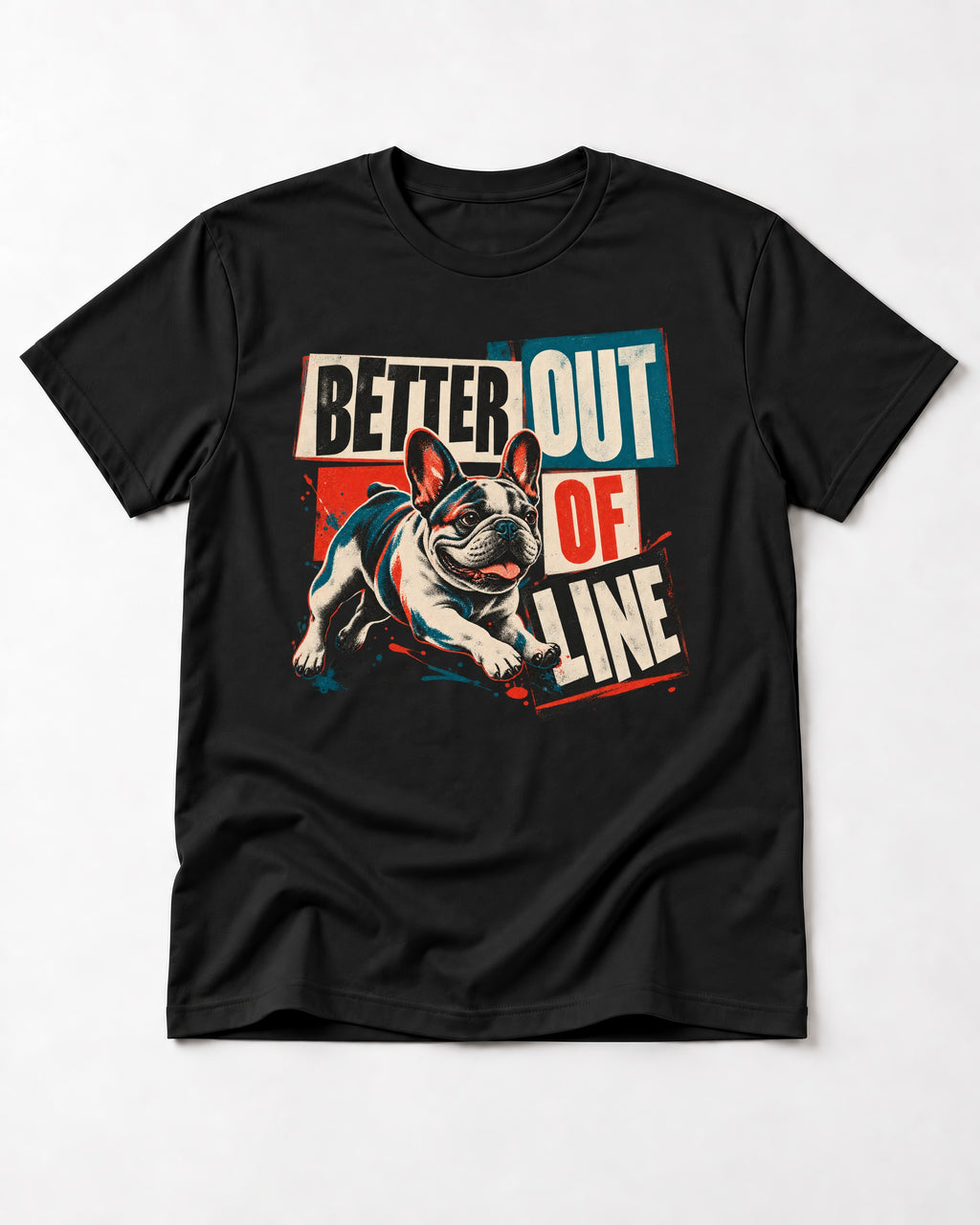 Frenchie Better Out of Line Running Graphic T-Shirt in Black, flat lay product photo
