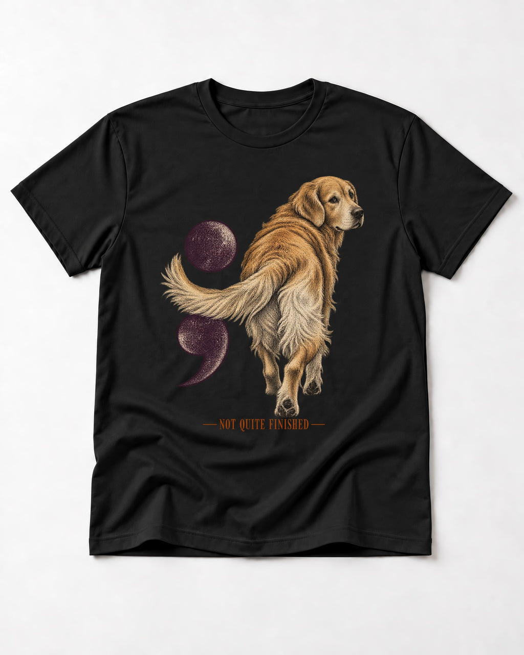 Golden Retriever Not Quite Finished Semicolon Graphic T-Shirt in Black, flat lay product photo