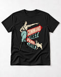 Pug Command First Panic Later Directional Graphic T-Shirt in Black, flat lay product photo