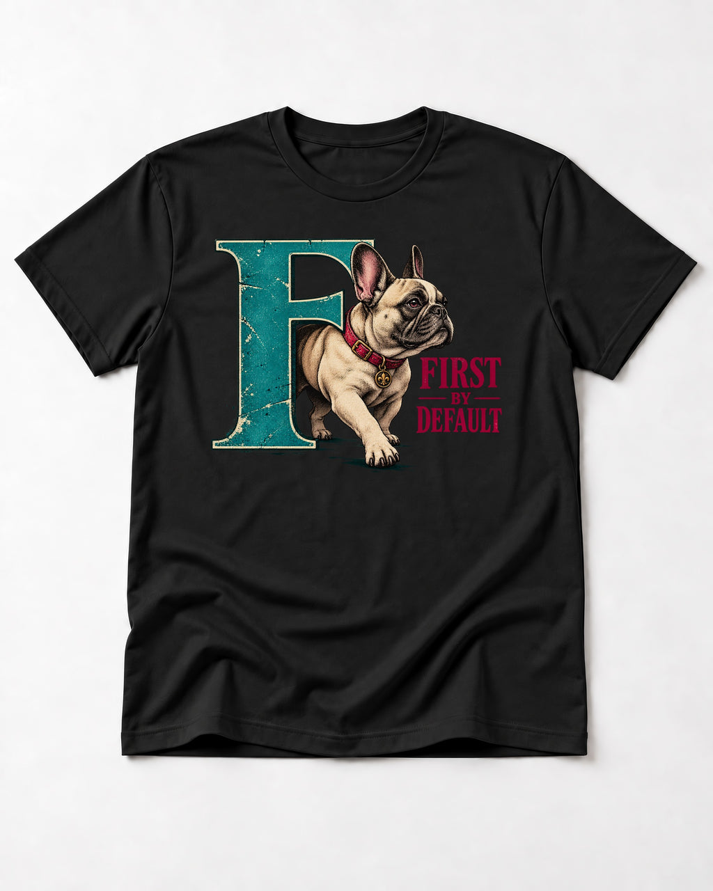 Frenchie First by Default Teal F Graphic T-Shirt in Black, flat lay product photo
