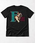Frenchie First by Default Teal F Graphic T-Shirt in Black, flat lay product photo