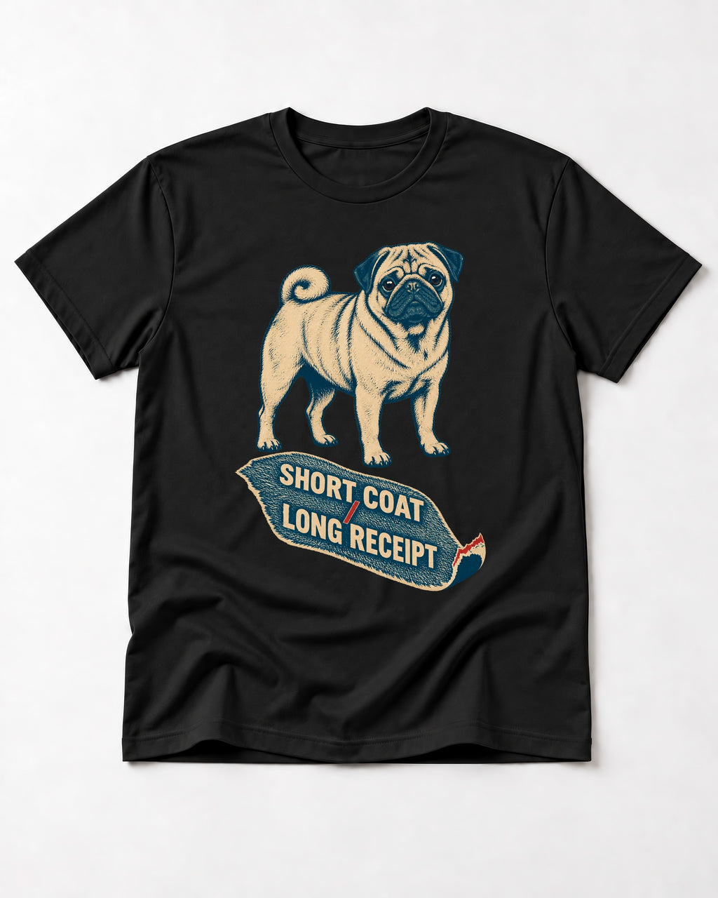Pug Short Coat Long Receipt Graphic T-Shirt in Black, flat lay product photo