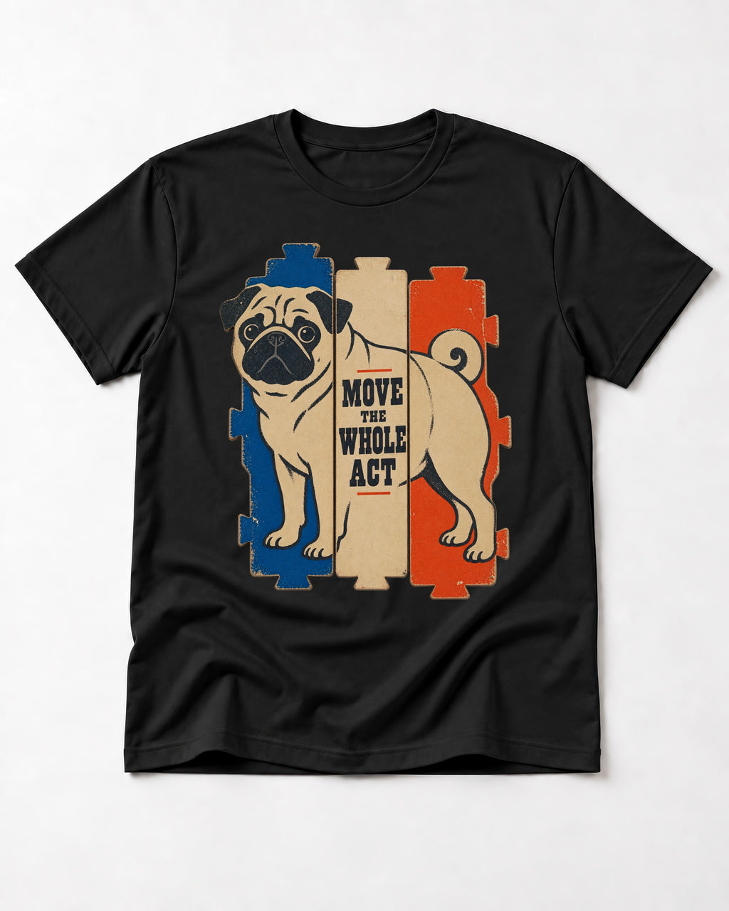 Pug Move the Whole Act Color Block Graphic T-Shirt in Black, flat lay product photo