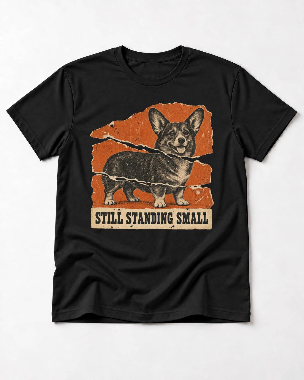 Corgi Still Standing Small Torn Poster T-Shirt in Black, flat lay product photo