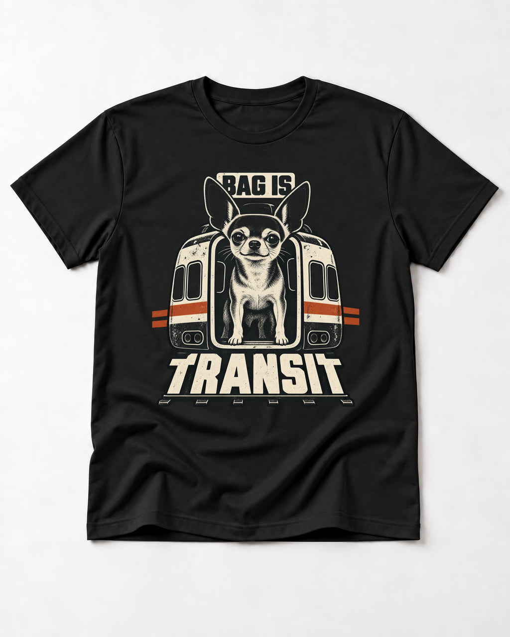 Chihuahua Bag Is Transit Train Front Graphic T-Shirt in Black, flat lay product photo