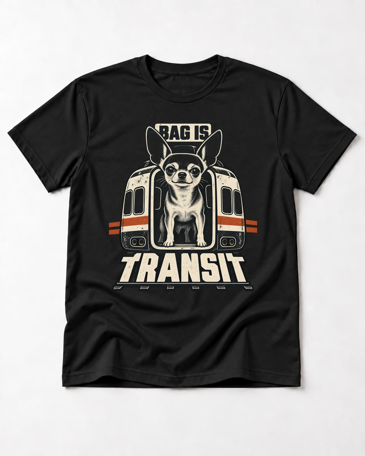 Chihuahua Bag Is Transit Train Front Graphic T-Shirt in Black, flat lay product photo