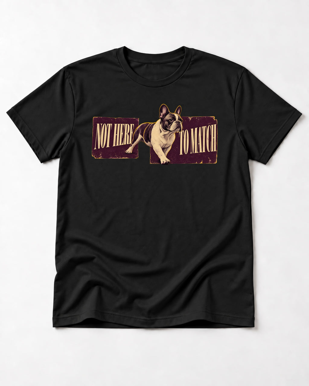 Frenchie Not Here to Watch Panels Graphic T-Shirt in Black, flat lay product photo