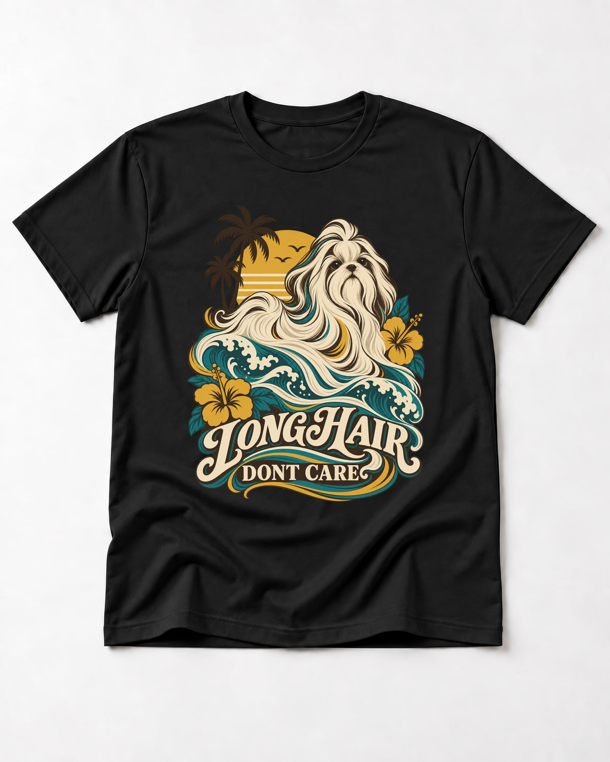 Shih Tzu Long Hair Don't Care Tropical Wave Graphic T-Shirt in Black, flat lay product photo